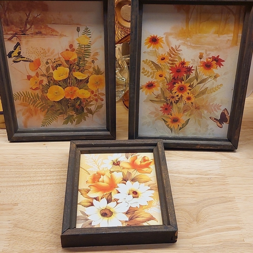 Vintage Mexican Mini wooden Framed Art Flowers Butterflies MCM